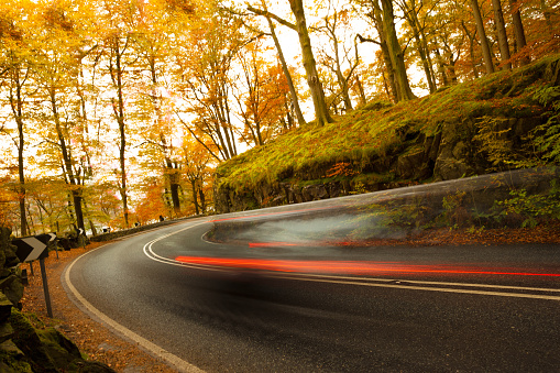Car speeding through autumn forest road, Lake District National Park, Cumbria, England, United Kingdom, Europe
