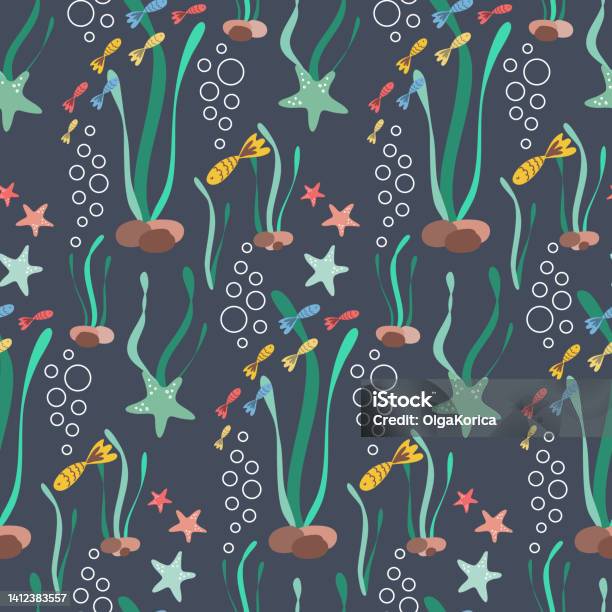 Samlesh Pattern Fish Marine Seamless Pattern Small Fish Swimming Among Algae And Starfish ...