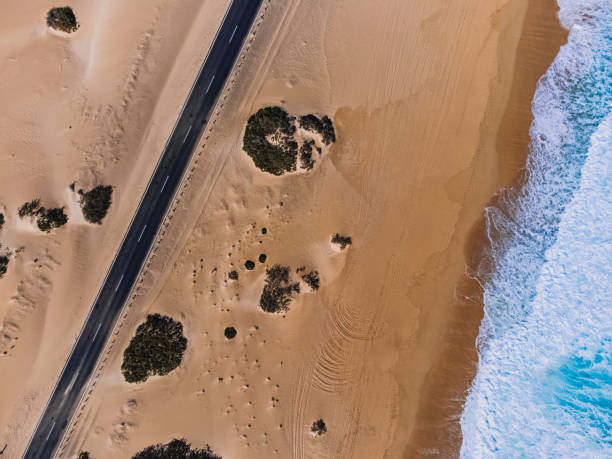 Aerial view of Playa del Moro and Dunas de Corralejo, Fuerteventura, Canary Islands, Spain, Atlantic, Europe stock photo