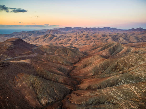 Aerial view of mountains from Mirador Astronomico de Sicasumbre, Fuerteventura, Canary Islands, Spain, Atlantic, Europe stock photo