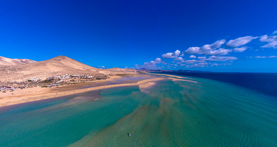 Aerial view of Playa de Sotavento de Jandia, Fuerteventura, Canary Islands, Spain, Atlantic, Europe