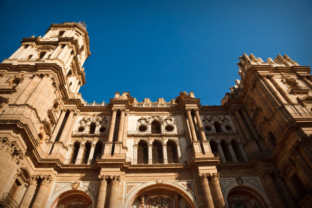 Malaga Cathedral low angle view, Malaga, Andalusia, Spain, Europe. stock photo