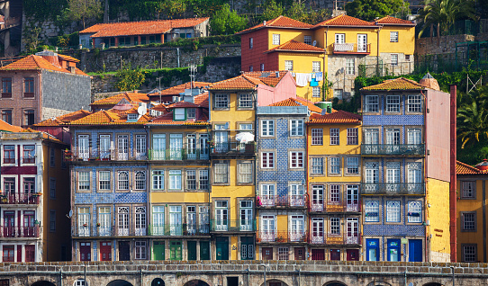 Typical old houses with colorful facades at Ribeira district, Porto, Portugal.