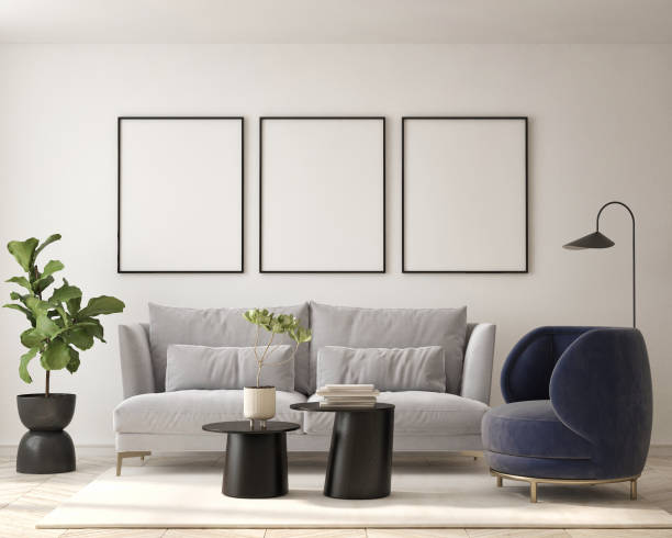 istock mock up poster frame in modern interior background, living room, Scandinavian style, 3D render, 3D illustration 1412385599