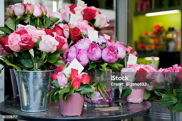 Buckets Of Fresh Pink And Red Roses Outside A Florist Shop Stock Photo - Download Image Now