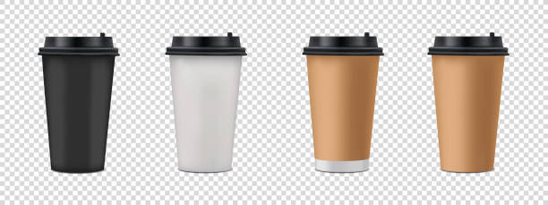 realistyczny zestaw kubków do kawy z pokrywką - ilustracje wektorowe izolowane na przezroczystym tle - coffee coffee cup take out food disposable cup stock illustrations