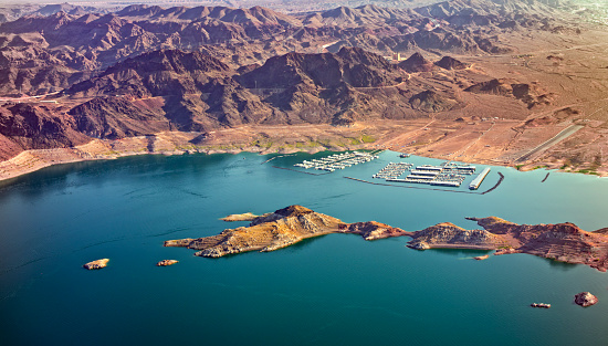 Aerial view of Hemenway Harbor and Lake Mead Marina in Nevada, USA.