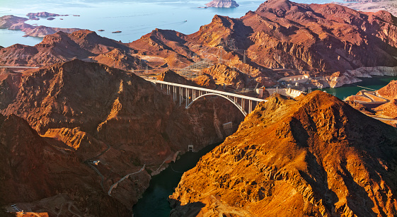 Aerial view of hoover Dam in Black Canyon with lake Mead in background, Nevada, USA.