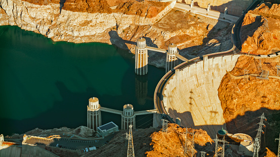 Aerial view of Hoover Dam in afternoon, Nevada, USA.