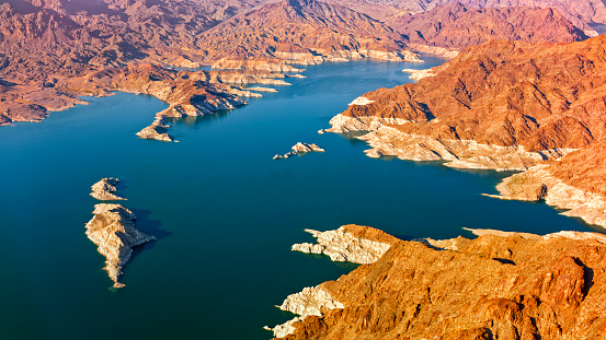 Aerial view of lake Mead in sunset, Nevada, USA.