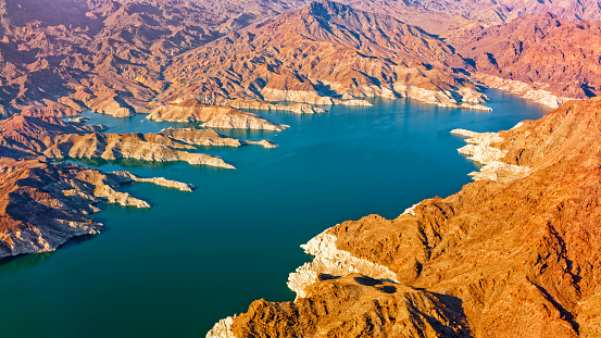 Aerial view of lake Mead in sunset, Nevada, USA.