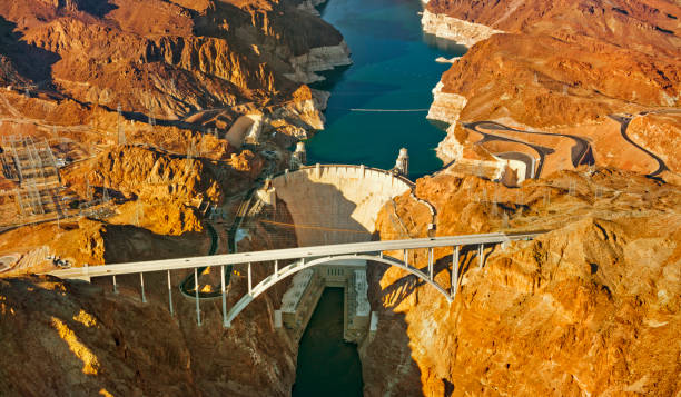 Aerial view of Mike O'CallaghanPat Tillman Memorial Bridge in front of the Hoover Dam on Colorado River, Nevada, USA.