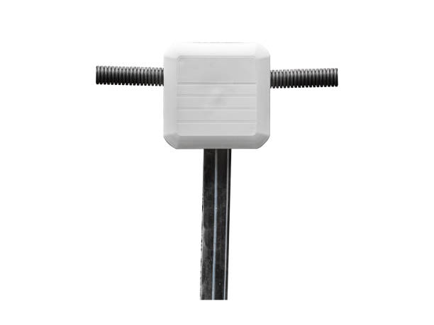 istock Plastic junction box with 3 wires isolated on white. 1412389795