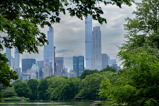 View of New York and its buildings from a very green Central Park, nature and urban landscape in USA