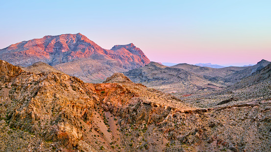 Aerial view of ridge to rocky mountain at morning, Nevada, USA.