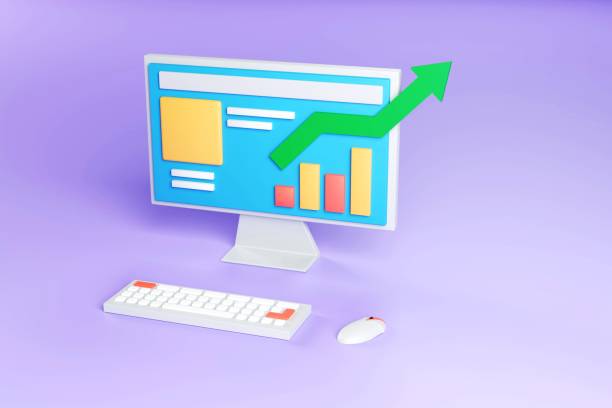 Computer with the chart on screen 3D render illustration. Realistic computer illustration