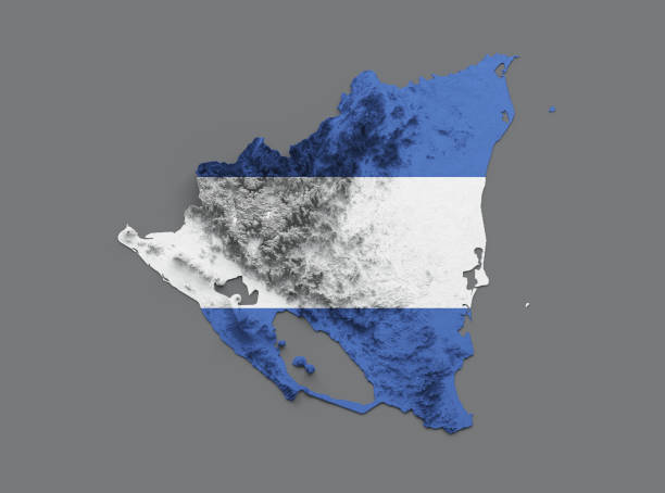 Nicaragua Map Flag Shaded relief Color Height map on white Background 3d illustrationSource Map Data: tangrams.github.io/heightmapper/Software Cinema 4d