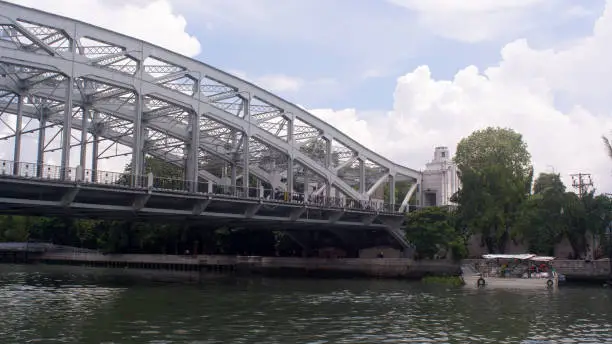 Iron bridge over murky polluted Pasig River