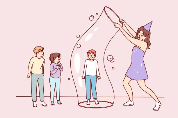 Vector illustration of Happy entertainer playing with bubble with kids