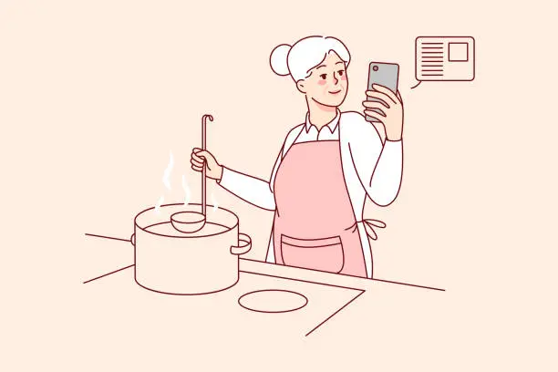 Vector illustration of Elderly woman cooking with recipe on cellphone