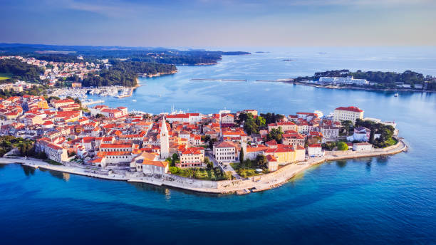 Istria, Croatia - Aerial drone view of historical city of Porec stock photo