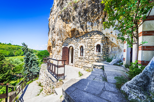 Basarbovo, Bulgaria. Ancient Basarbovo Monastery, rock caved orthodox landmark in Ruse Region, Danube Valley.