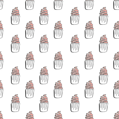 Pastry hand drawn seamless pattern. Doodle background collection confections, cupcakes . Icon set vector.