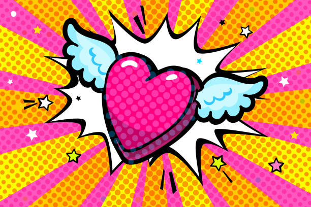 Happy Valentine's day lettering in pop art style. Concept of love. Winged heart in pop art style. Concept of love. Valentine's day greeting card. Vector illustration. happy valentines day book stock illustrations