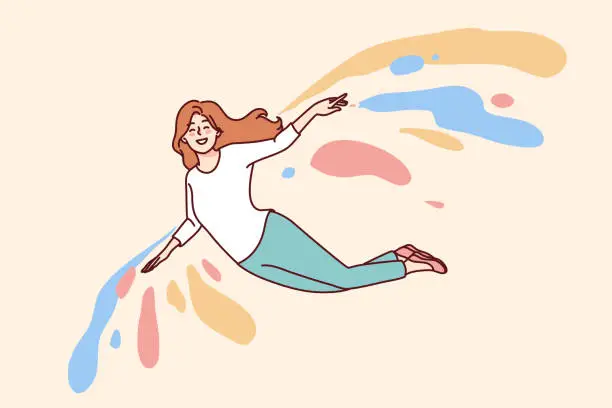 Vector illustration of Smiling girl flying on colorful wings