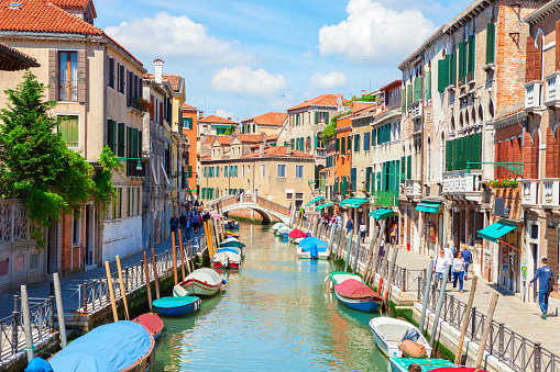 View  of colorful canal in Venice on  sunny  morning, Italy.