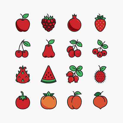 fruits and berries flat icons set. on a white background. Vector icon