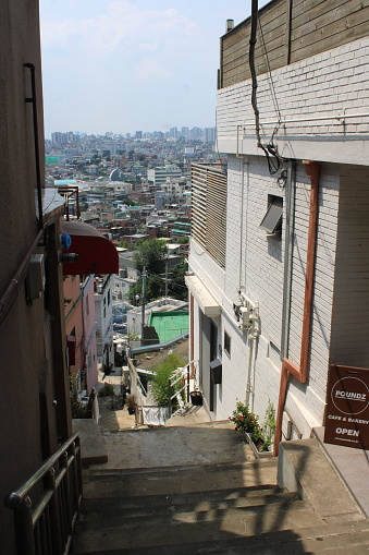 Seoul, Korea-July 26, 2022: Alley view of Seoul skyline, near downtown Noksapyeong, Seoul