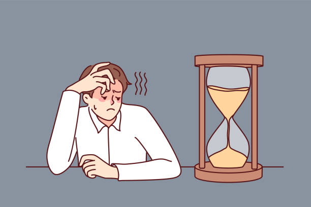 Tired businessman looking at hourglass Exhausted businessman looking at hourglass feel bored and overwhelmed. Tired male employee look at sand clock wait for working day end. Vector illustration. patience illustration stock illustrations
