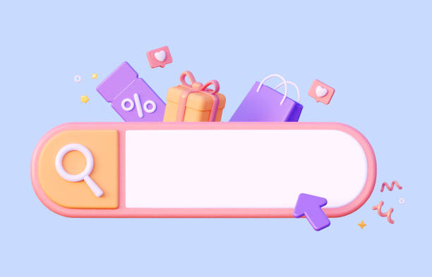 istock Navigation search for browser with a gift, coupon and a package. Search for products in an online online store. With the cursor arrow. Internet rendering illustration isolated on a blue background. 1412400738