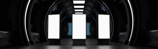 istock Blank mock up vertical billboard or LCD screen floor stand in spaceship or space station Sci Fi tunnel, Banner header Website, 3D rendering. 1412401382