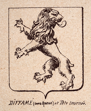 Vintage illustration, Escutcheon, or heraldic shield, Lions rampant without tail head turned, Diffame (sans queue) et Tete tournee, Heraldry