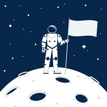 Astronaut standing on moon and holding flag. Space mission, retro cosmonaut background. Flat planet, universe adventure or explore, recent vector scene of space astronaut on moon illustration