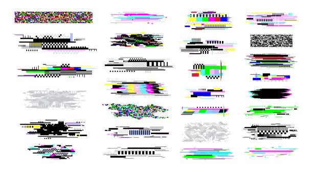 ilustrações, clipart, desenhos animados e ícones de elementos de decadência digital. efeitos de falha de televisão, ruído branco na tela e texturas censuradas. escuridão geométrica falhas brilhantes. conjunto vetorial de erro de pixel - rotting