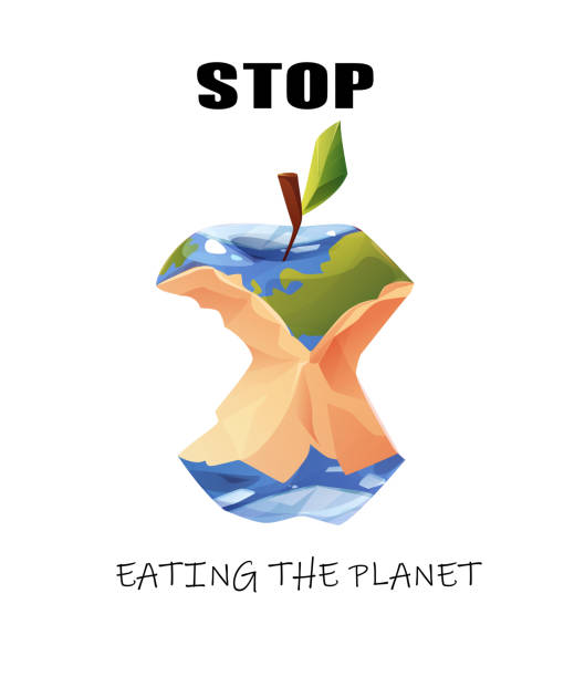 Stop eating the planet. Earth in the shape of apple stub. Eco friendly lifestyle, environment protection. Cartoon vector illustration. Stop eating the planet. Earth in the shape of apple stub. Eco friendly lifestyle, environment protection. climate protest stock illustrations