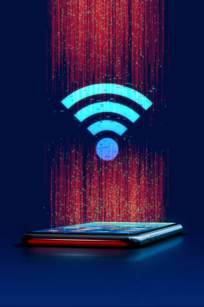 wifi connection icon on smart phone with communication lines stock photo