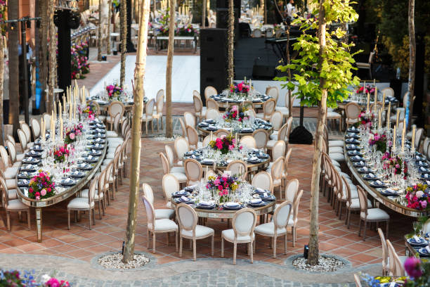 istock Decorated served tables for wedding party or other formal dinner 1412408500