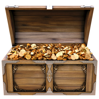 old wooden chest with gold coins. isolated on a white background.