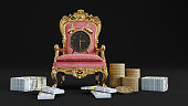 red king throne withe alarm clock, dollar, and bitcoins isolated on black background,