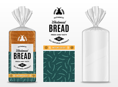 Vector bread packaging design template. Transparent plastic bag packaging mockup