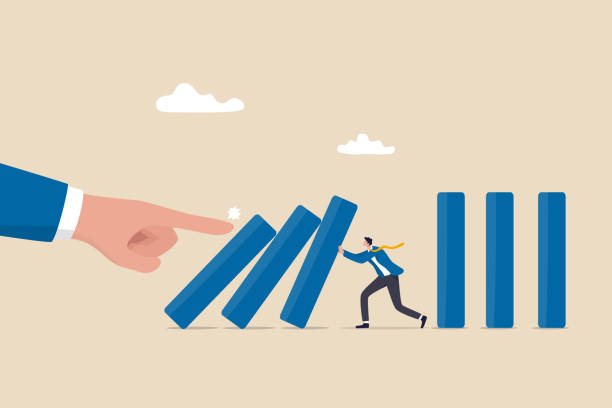Risk management, control danger, lost or damage from crisis or accident, management and investment strategy, assessment level concept, businessman stop risk of domino effect from threats and disaster. Risk management, control danger, lost or damage from crisis or accident, management and investment strategy, assessment level concept, businessman stop risk of domino effect from threats and disaster. risks stock illustrations
