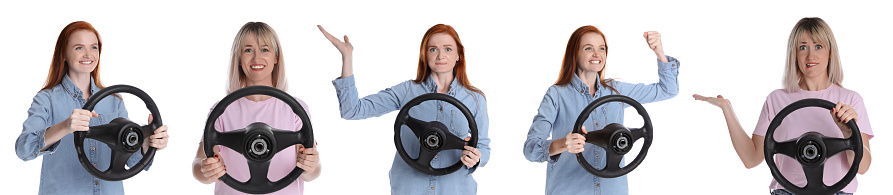 Emotional women with steering wheels on white background, collage. Banner design