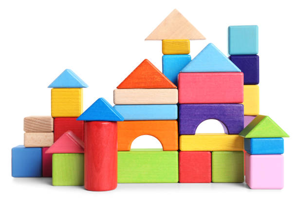 istock Toy castle made of bright building blocks on white background 1412413904