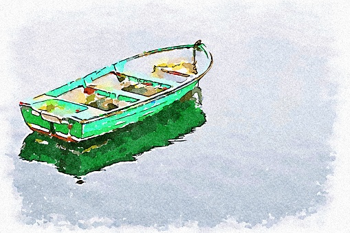 Wooden boat moored on river during summer UK