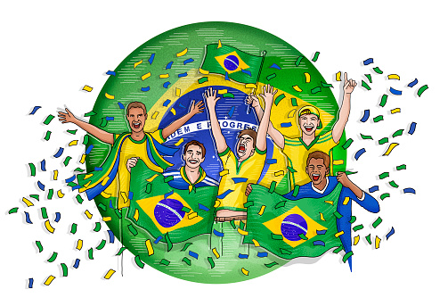 Group of five brazilian soccer fan celebrating with national flag of Brazil