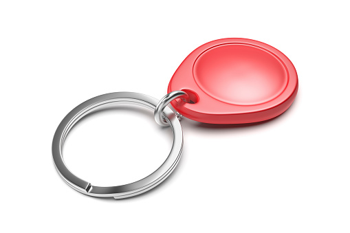 Red RFID keychain tag on white background
